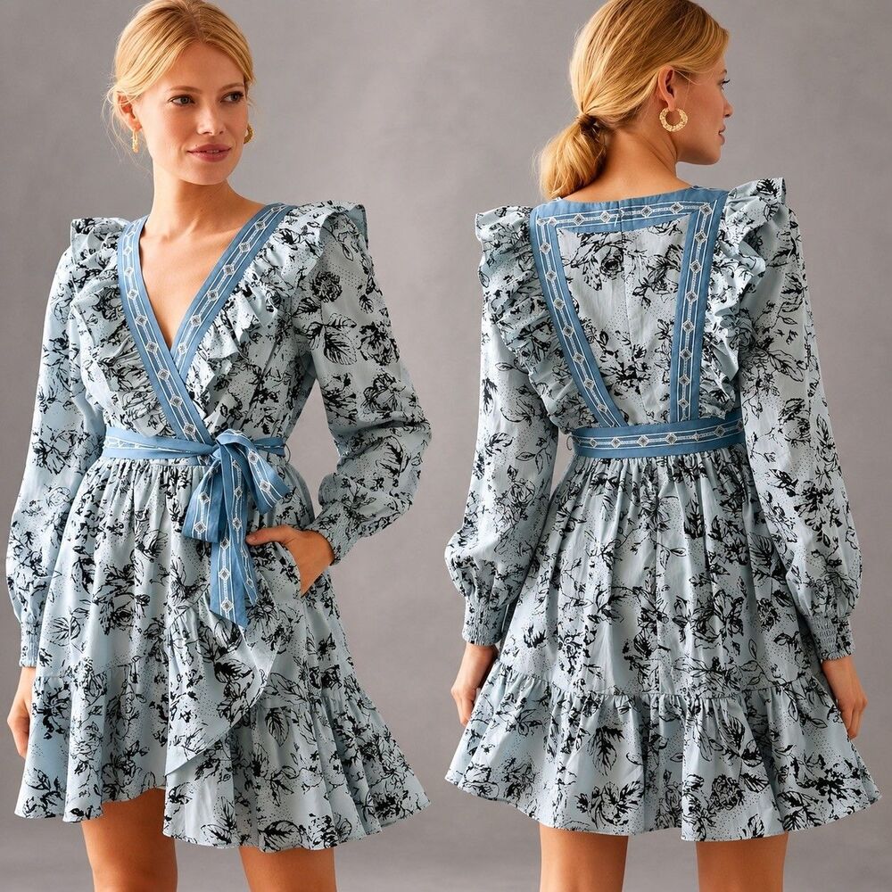 Anthropologie Mp Ruffle Wrap Mini Dress Floral Printed Long Sleeve Lace Smocked